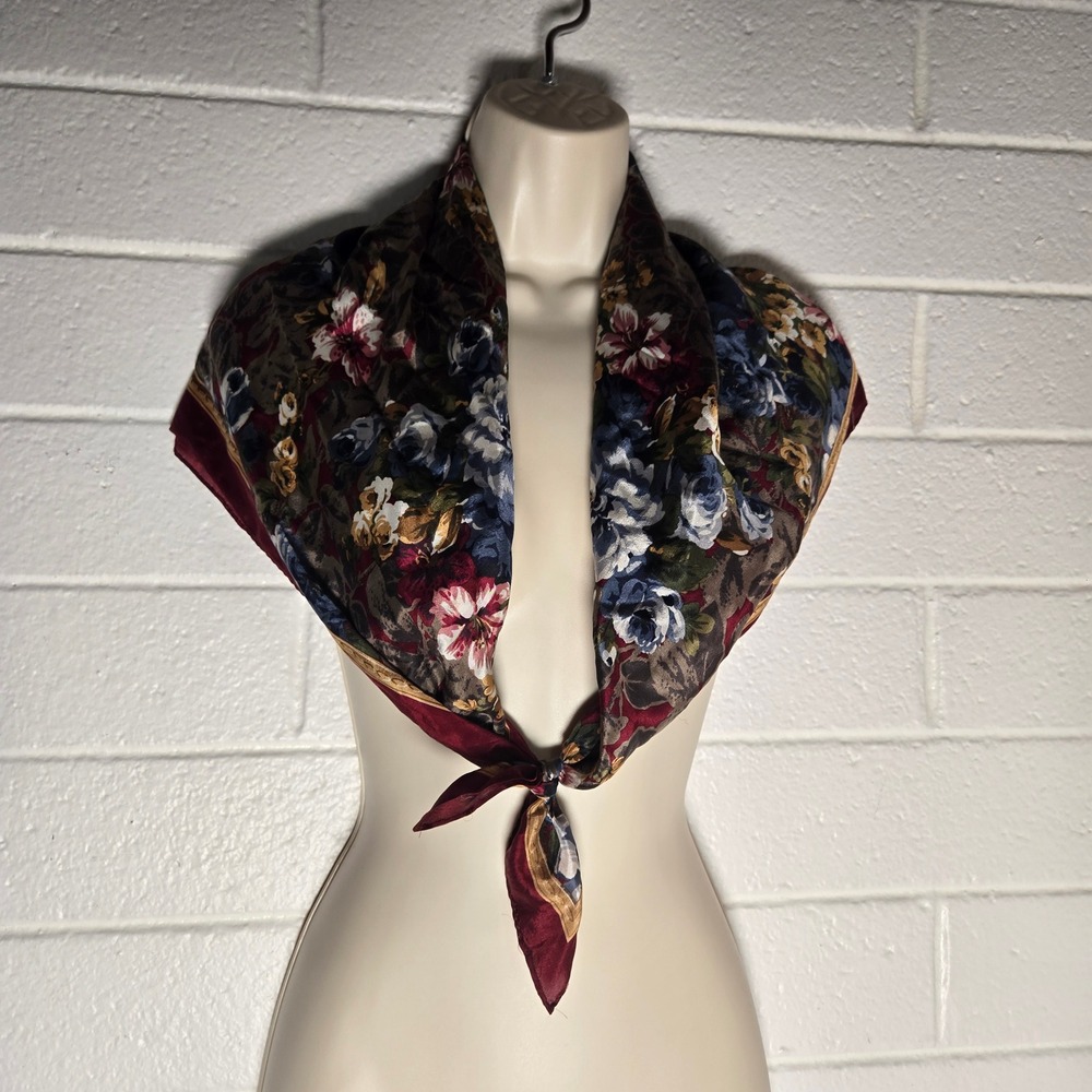 Vtg Womens Scarf Silk Floral Burgundy Square Head Wrap 30x32 Granny Bag Charm
